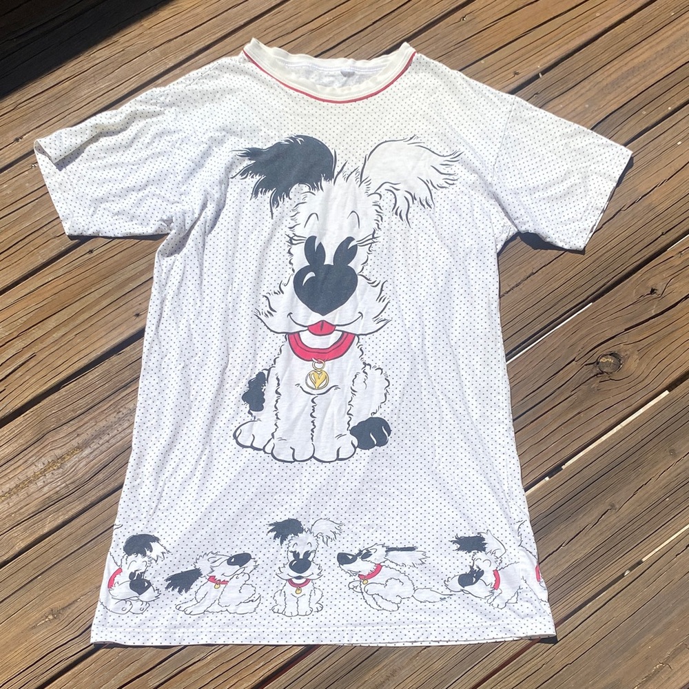 Vintage White women sleep dress Shirt with Cartoon Dog Design